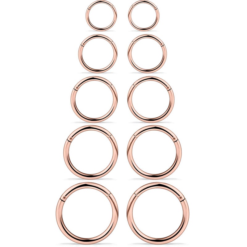 SCERRING 10PCS 16G Stainless Steel Hinged Clicker Segment Septum Nose Lip Ring Hoop Nipple Cartilage Tragus Sleeper Earrings Body Piercing Jewelry 8mm 10mm 12mm 14mm 16mm Rose Gold - Image 3